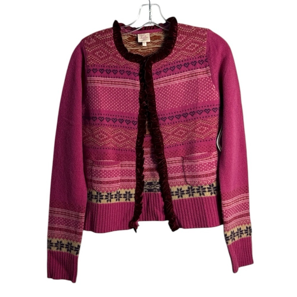 NWT Whistles London 100% Wool Pink Fair Isle Heart Printed Cardigan‎ Size 2
